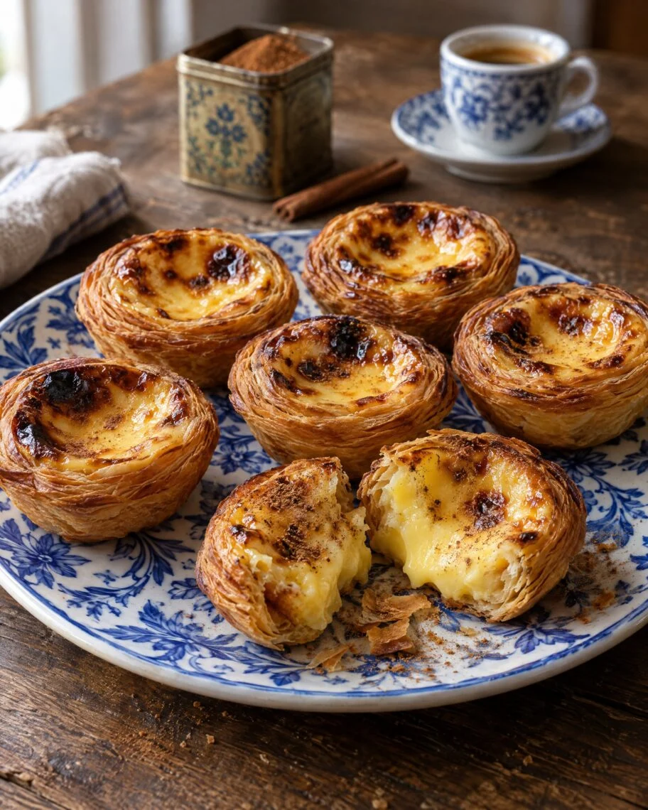 Pastéis de nata dourados com creme caramelizado em prato de azulejo português, um deles partido ao meio mostrando o creme