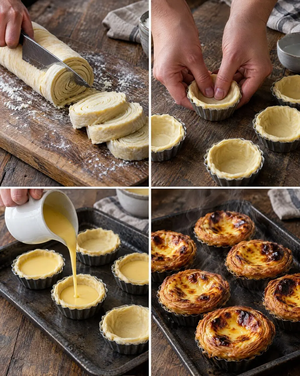 Passo a passo do pastel de nata: cortar o rolo de massa folhada, forrar as forminhas, rechear com creme e assar