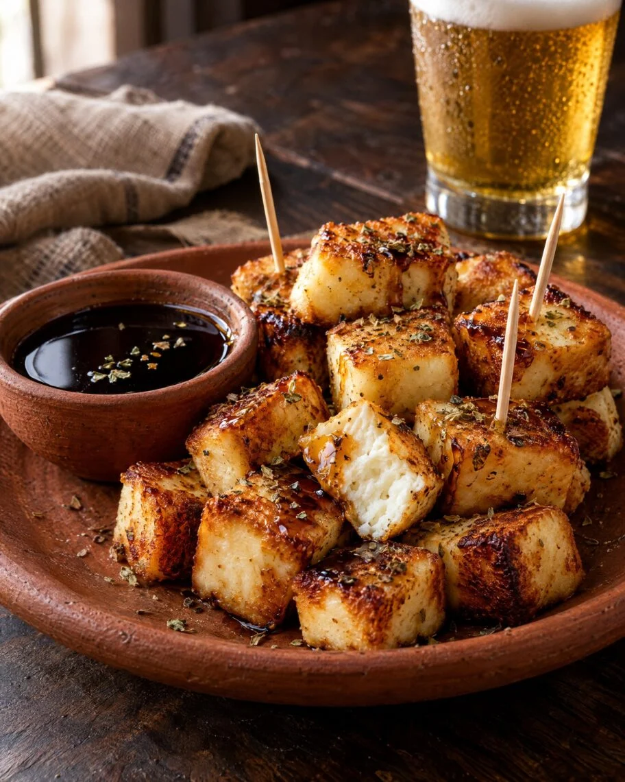 Cubos de queijo coalho dourados na air fryer, servidos em prato de barro com palitos, potinho de melado de cana e um copo de cerveja ao fundo