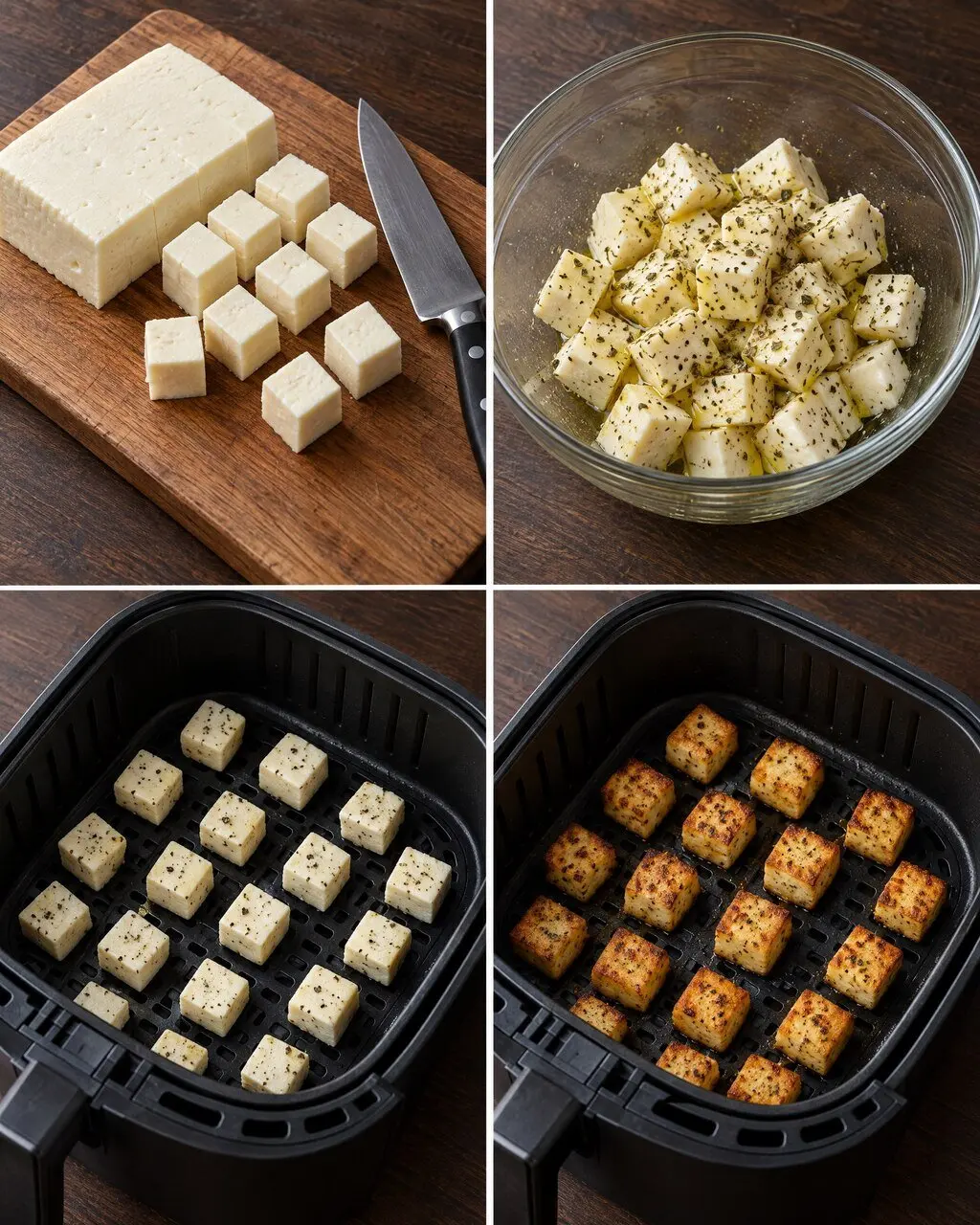 Passo a passo em quatro fotos: queijo coalho cortado em cubos na tábua, cubos temperados com azeite e orégano numa tigela, cubos crus no cesto da air fryer e cubos dourados prontos